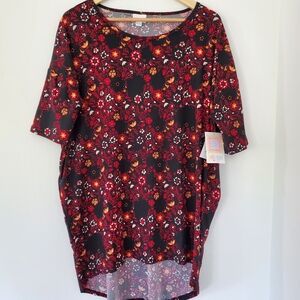 NWT LULAROE Sz L Irma Tunic Top SS Stretch Soft Hi Low Hem Black Floral Comfort